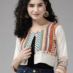 BAESD Embroidered Open Front Crop Cotton Ethnic Shrug-10