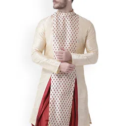 DEYANN Men Cream & Maroon Geometric Thread Work Dupion Silk Kurta-picture-58