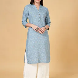 RANGMANCH BY PANTALOONS Abstract Printed Band Collar Straight Kurta-picture-10