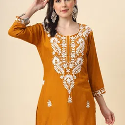 HERE&NOW Mustard Yellow & White Ethnic Motifs Embroidered Round Neck Straight Kurti-picture-2