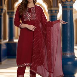Ziva Fashion Self Design Ethnic Motifs Mirror Work Straight Kurta with Trousers & Dupatta-picture-48