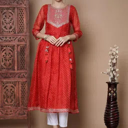 KALINI Yoke Design Anarkali Pleated Thread Work Chanderi Cotton Kurta-picture-2