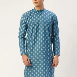 Jompers Men Teal Blue & White Ethnic Motifs Kurta-picture-20