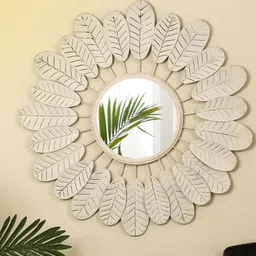 TIED RIBBONS Beige Textured Decorative Leaf Framed Metal Wall Mirror-45