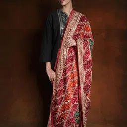 Exotic India Biking Red Phulkari Mirror Embroidered Silk Dupatta and Gotapatti Border-picture-28