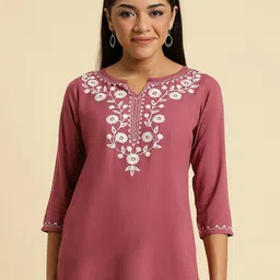 QAZMI Floral Yoke Design Pashmina Work Kashmiri Straight Kurti-41
