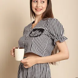 BLANC9 Checked Pure Cotton Crop Top With Short-picture-26