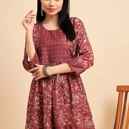 Sangria Maroon Floral Printed A-line Kurti-image-51
