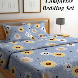 Arrabi Grey Floral Mild Winter Double Queen Fine Bedsheet With Pillow Covers & Comforter-image-97