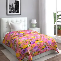 Aura Pink & Green Floral Printed AC Room 210 GSM Single Bed Comforter-image-86