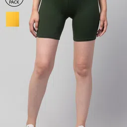 Apraa & Parma Women Pack of 2 Yellow and Olive Green Cotton Cycling Sports Shorts-image-6