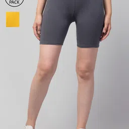 Apraa & Parma Women Pack Of 2 Yellow & Grey Solid Cotton Slim Fit Cycling Sports Shorts-image-50