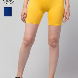 Apraa & Parma Women Pack Of 2 Yellow & Blue Solid Pure Cotton Slim Fit Cycling Shorts-image-76