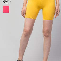 Apraa & Parma Women Pack of 2 Yellow and Pink Cotton Cycling Sports Shorts-image-7