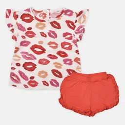 Softsens Girls White & Red Printed Ruffled Top with Shorts-image-44