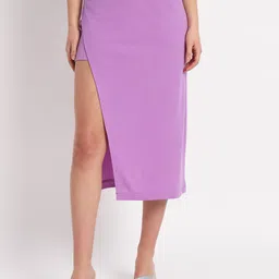Zastraa Solid Side Slit Straight Midi Skirt With Attached Inner Shorts-image-3