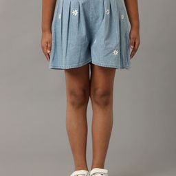 UNDER FOURTEEN ONLY Girls Floral Embroidered Cotton Denim Shorts-picture-16