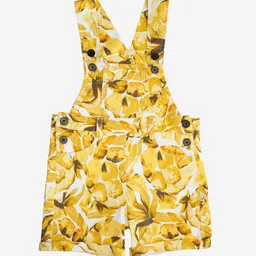 KiddoPanti Girls Yellow & White Floral Printed Cotton Dungaree Shorts-image-30