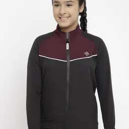 CHIMPRALA Girls Black & Maroon Colourblocked Water Resistant Crop Sporty Jacket-image-78
