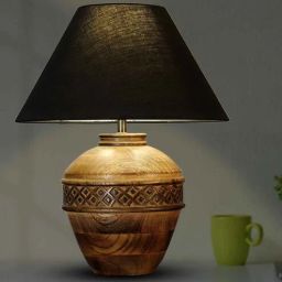 kapoor lampshades Black Cotton Fabric Shade Cromwell Large Natural Carved Wood Table Lamp With Brown Base-picture-21