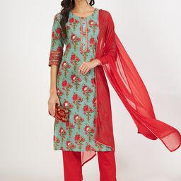 KALINI Floral Printed Gotta Patti Pure Cotton Kurta & Trousers With Dupatta-38