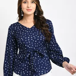 V&M Print Waist Tie-Ups Crepe Top-image-44