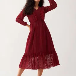 AASK Self Design Puff Sleeve Gathered Crepe Fit & Flare Midi Dress-image-53