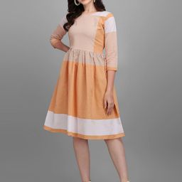 Kinjo Women Orange & Off White Cotton Striped Dress-image-74