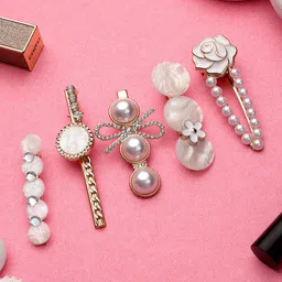 Mali Fionna Women Gold-Toned & White Set of 5 Beaded Hair Accessory Set-picture-39