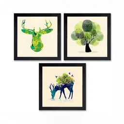 PnF Black & Green 3 Pieces Paper Birds and Animals Wall Painting-image-70
