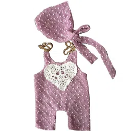 Babymoon Infants 2-Pcs Self Design Cotton Romper & Cap Photoshoot Props-38