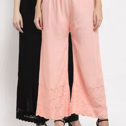 Miaz Lifestyle Women Peach-Coloured & Black Embroidered Flared Knitted Palazzos Pack Of 2-image-8