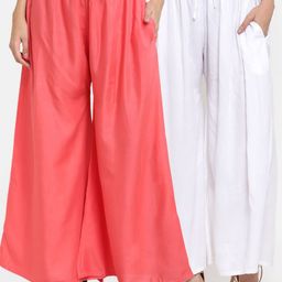 Miaz Lifestyle Women Set Of 2 Peach-Coloured & White Knitted Ethnic Palazzos-4