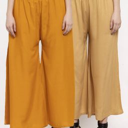 Miaz Lifestyle Women Pack Of 2 Beige & Mustard Yellow Solid Knitted Palazzos-image-63