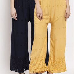 Miaz Lifestyle Women Beige & Black Pack of 2 Embroidered Knitted Palazzos-image-68