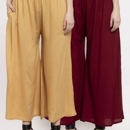 Miaz Lifestyle Women Beige & Maroon Set Of 2 Knitted Palazzos-image-49