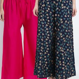 GRACIT Pack of 2 Pink & Navy Blue Floral Printed Flared Knitted Ethnic Palazzos-image-72