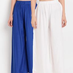 TAG 7 Women White & Blue Set of 2 Flared Ethnic Palazzos-image-48