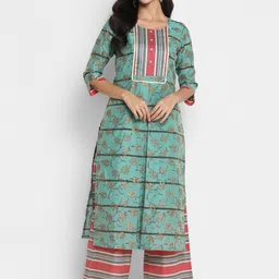 VAABA Women Green Ethnic Motifs Printed Pleated Kurta with Palazzos-picture-11