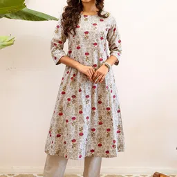 INDYES Floral Printed Panelled Linen A-Line Kurta With Trouser-25