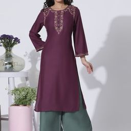 W Purple Floral Yoke Design Thread Work Straight Kurta With Palazzos-image-27