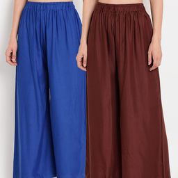 TAG 7 Women Brown & Blue Set of 2 Flared Ethnic Palazzos-image-101