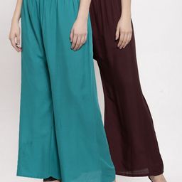 Miaz Lifestyle Women Brown & Turquoise Blue Set Of 2 Printed Palazzos-image-15