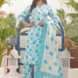 PARTHVI Floral Printed Regular Thread Work Kurta with Palazzos & Dupatta image 1