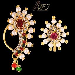Vighnaharta Set Of 2 Gold-Plated Cubic Zirconia & Pearl Maharashtrian Nose Pin image 1
