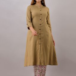 MAUKA Women Khaki A-line solid kurta printed palazzo Kurta set-picture-33