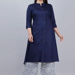 MAUKA Women Navy Blue Solid Kurta with Printed Palazzo-picture-21