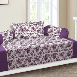SHADES of LIFE 6-Pcs White & Purple Floral Printed Cotton Diwan Set-26