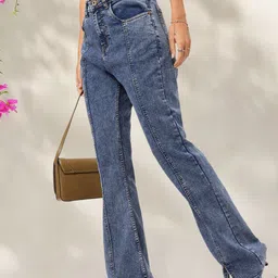 DressBerry Women Signature Stitch Paneled Slit Hem Slim Bootcut Jeans-image-14