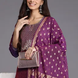 Varanga Women Purple & Gold-Toned Ethnic Motifs Embroidered Gotta Patti Kurta with Trousers & Dupatta-35